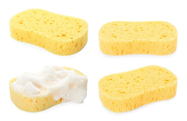 Different yellow sponges isolated on white, set