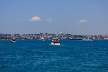 View from the water to buildings in the city of Istanbul 