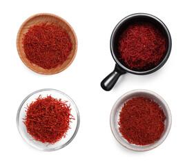 Aromatic saffron in dishes isolated on white, top view