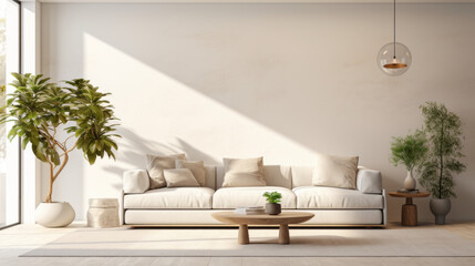 A modern living room with biophilic design that has a white wall, a few plants, and a comfortable sofa