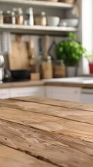 Wooden table in modern kitchen. Blurred background with copy space