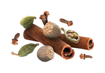 Cinnamon sticks and other aromatic spices falling on white background