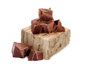 Tasty halva and pieces of chocolate isolated on white