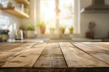 Empty wooden table in front of abstract blurred kitchen background. Ready for product display montage