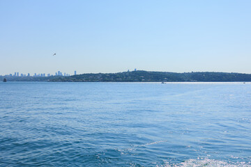 View from the water to buildings in the city of Istanbul 