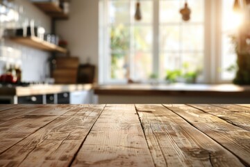 Empty wood table and kitchen blur background with bokeh image.