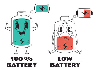Battery phone charger characters isolated concept. Vector cartoon graphic design element illustration
