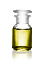 Reagent bottle with yellow liquid isolated on white. Laboratory glassware
