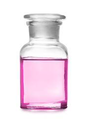 Reagent bottle with pink liquid isolated on white. Laboratory glassware