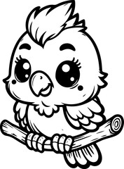 Cute baby parrot black outline vector illustration. Coloring book for kids.
