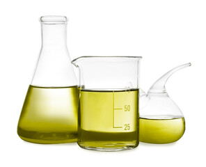 Laboratory glassware with yellow liquid isolated on white