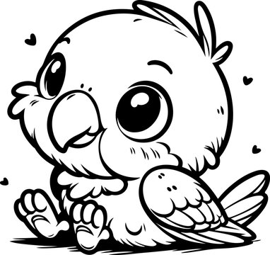 Cute baby parrot black outline vector illustration. Coloring book for kids.
