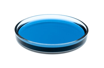Petri dish with blue liquid isolated on white. Laboratory glassware