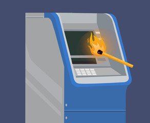 Street ATM burn finance crisis concept. Vector graphic design illustration
