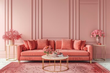 A pink room with a couch and a coffee table
