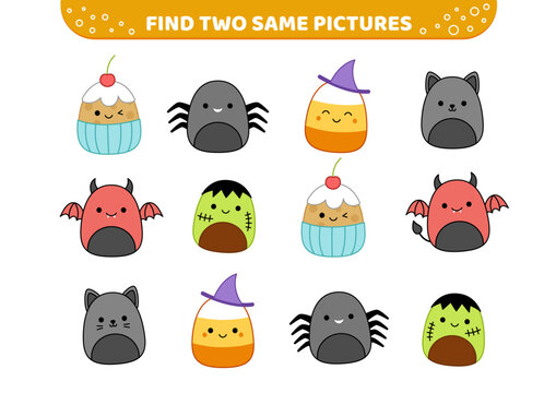Cute Halloween characters. Find two same pictures. Game for children. Kawaii, cartoon vector