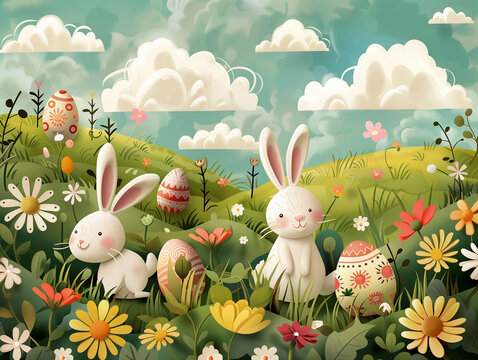 Landscape filled with playful bunnies hopping around a meadow adorned with oversized, colorful Easter eggs and blooming flowers.