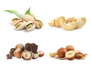 Different tasty nuts isolated on white, set