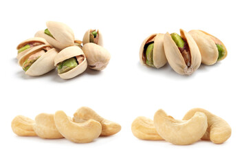 Tasty pistachio nuts and cashews isolated on white, set