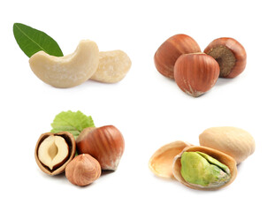 Tasty pistachio nuts, hazelnuts and cashews isolated on white, set