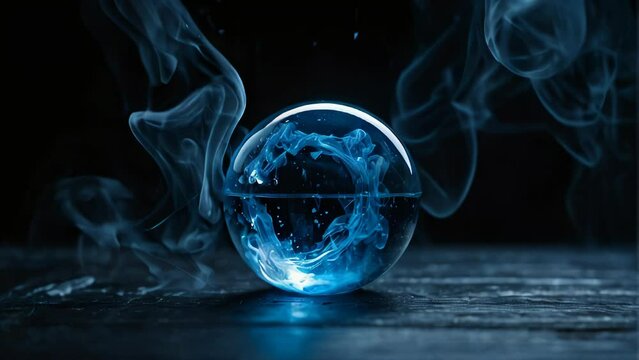 Crystal ball energy magic sphera with blue smoke on a black background