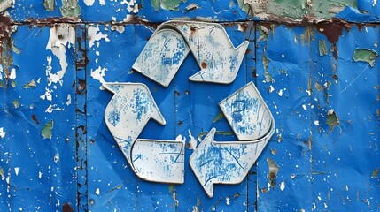Weathered Recycling Sign on Peeling Blue Paint Background