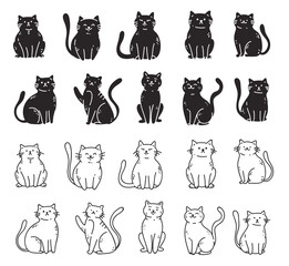 Doodle sketch line art animal cats characters hand drawn isolated set. Modern simple line outline style. Vector cartoon graphic design element illustration