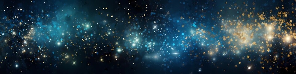 Fototapeta na wymiar abstract cosmic dark blue and light gold interstellar nebulae, glittery and shiny, bokeh effect background