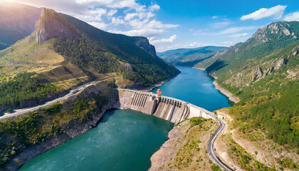 Hydroelectric power dam on a large river in mountains. - obrazy, fototapety, plakaty