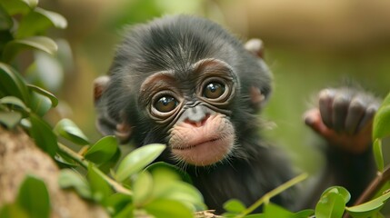 Baby Monkey Peeking Through Leaves Cute Wildlife Concept