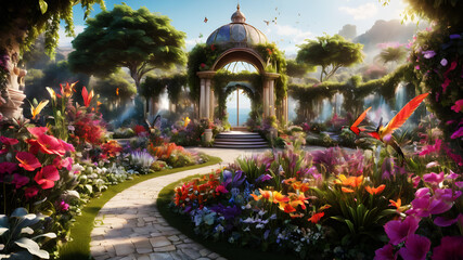 Fototapeta premium Wander through a magical garden where oversized flowers in every shade of the rainbow bloom. Butterflies and hummingbirds flit about, adding to the enchantment of this vibrant floral paradise