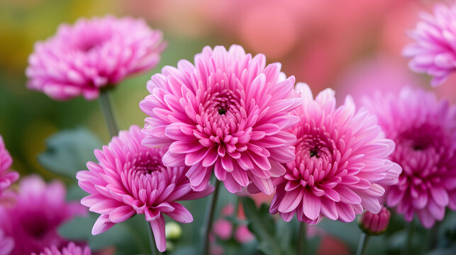 Lush Pink Chrysanthemums in Full Bloom with a Colorful Blurred Background