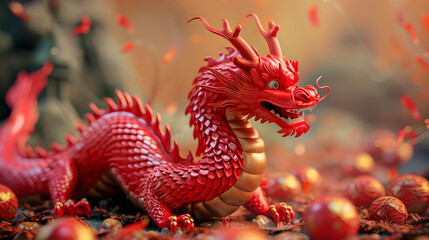 Vibrant Red Chinese Dragon Statue Amidst Autumn Leaves