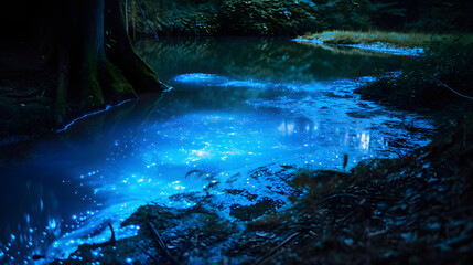 Naklejka premium Enchanted Bioluminescent Pond in Forest at Night