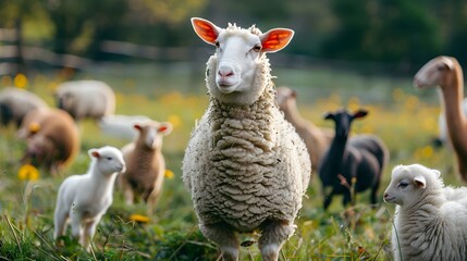 Obraz premium Confident Sheep and Lambs in Pastoral Setting at Sunrise Farm Life Photography