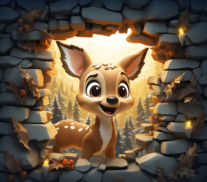 Cute little deer in a hole in the stone wall, 3d illustration, Ai Generated
