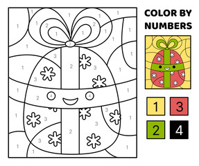 Gift box with snowflakes and bow. Color by number. Squishmallow. Coloring page. Game for kids. Kawaii, cartoon, vector