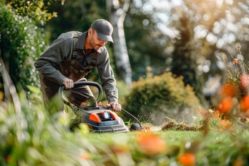 A man is using a lawn mower in a garden