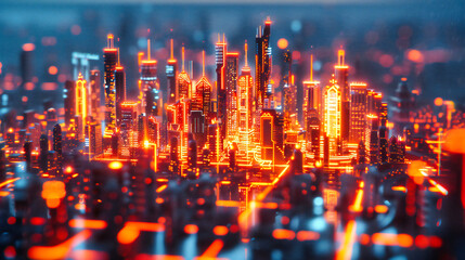 Digital skyscraper city with futuristic technology design, urban skyline with blue neon and wireless connections