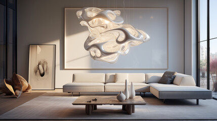 A modern living room illuminated by a statement lighting fixture that adds a unique touch