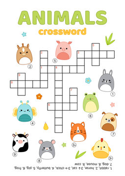 Crossword with farm animals. English words. Educational puzzle game for kids. Cartoon, vector