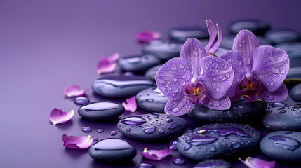 Obraz na płótnie Canvas Spa treatment concept. Flowers of orchid and stones. Beautiful background with copy space