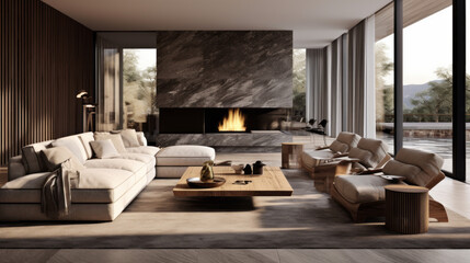 A modern living room featuring a striking statement lighting fixture