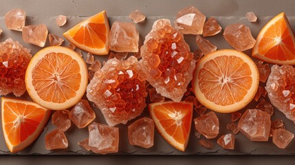  a group of sliced oranges sitting on top of a table next to a couple of pieces of oranges on top of a piece of paper next to each other.