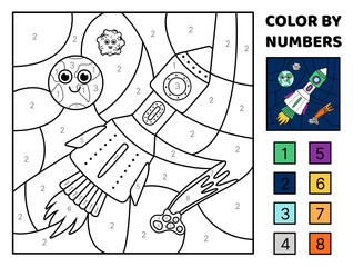 Rocket in space, Earth, meteor. Color by number. Space. Coloring page. Game for kids. Cartoon, vector