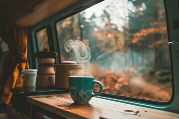 A cup of coffee is sitting on a wooden table in a van - obrazy, fototapety, plakaty