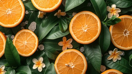  a group of oranges cut in half with leaves and flowers on the sides of the whole oranges and leaves on the other side of the whole oranges.
