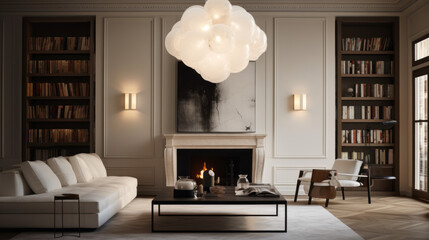 A modern living room illuminated by a statement lighting fixture that adds charm