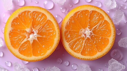  two halves of an orange sitting next to each other on a pink surface with ice on the bottom and water droplets on the bottom of the top of the slices.