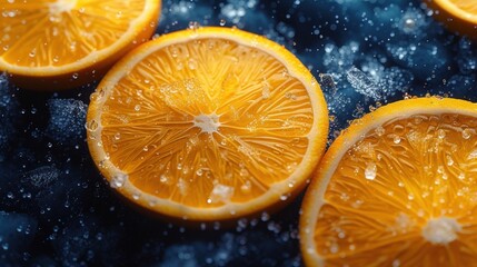  a group of oranges sitting on top of a table covered in drops of water on top of a dark blue surface with drops of water on the top of the top of the oranges.